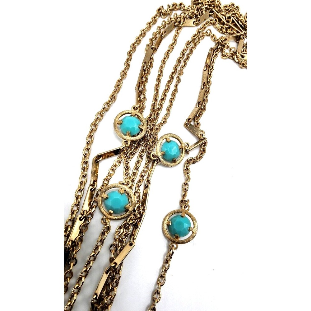 Vintage Long Multi Strand Gold Tone Layering Faceted Turquoise Glass Disc 29"